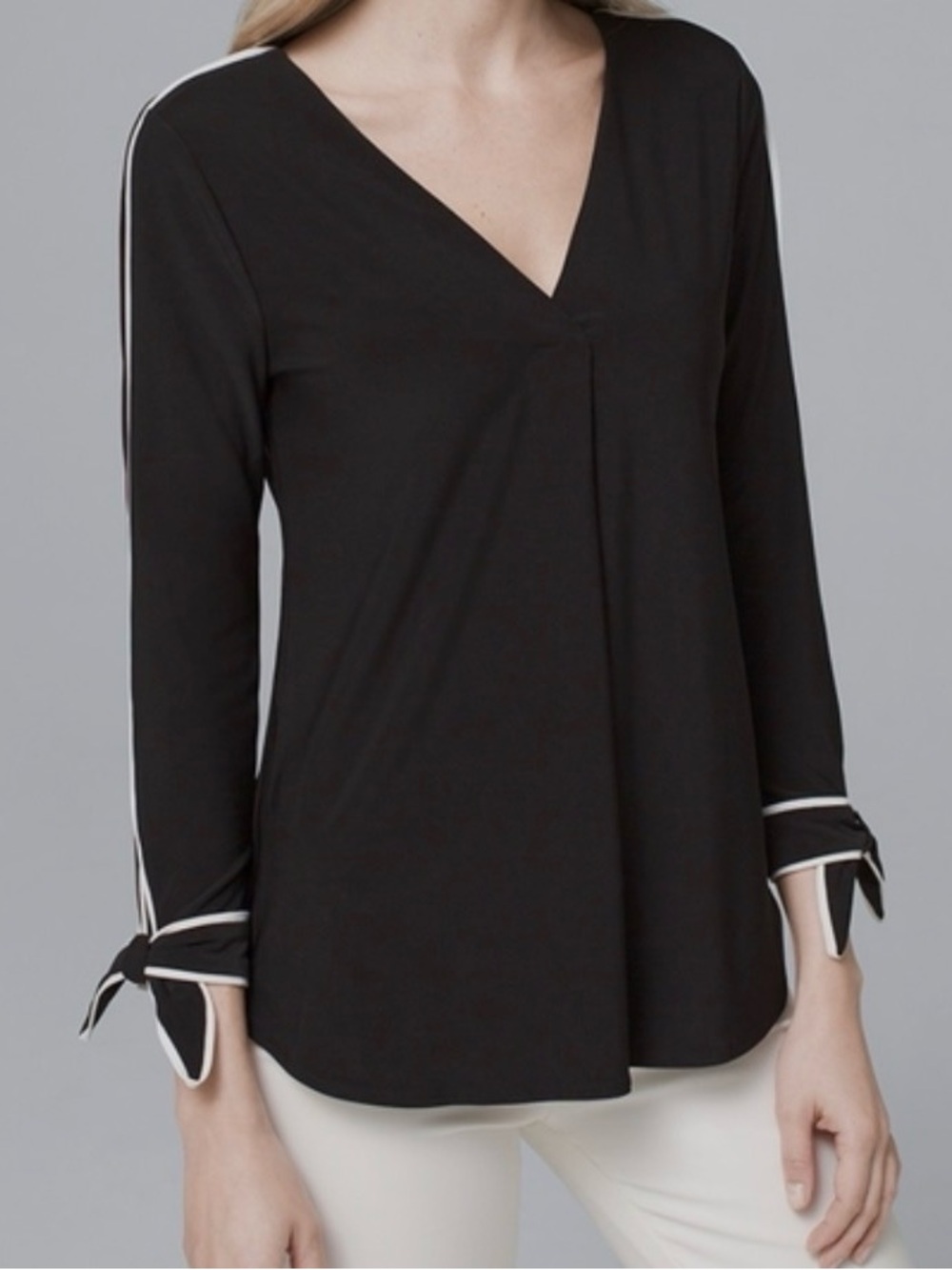 White House Black Market Black V-Neck Top with Contrast Trim